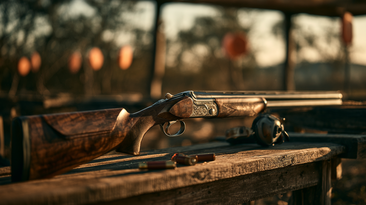 Over-under shotgun with an engraved receiver resting on a weathered wooden table at a clay shooting range in golden hour light